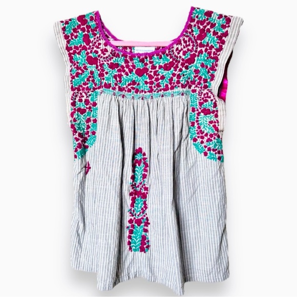 MI GOLONDRINA Flores Blouse - Grey Pinstripe Cotton Top w Red Green Embroidery - Picture 2 of 16